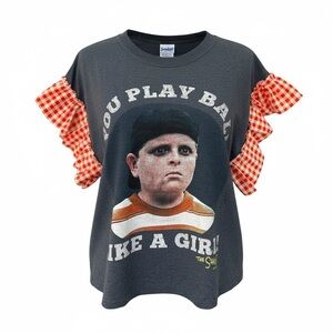 The Sandlot Cropped Graphic Tee with Orange Gingham Ruffle Sleeves